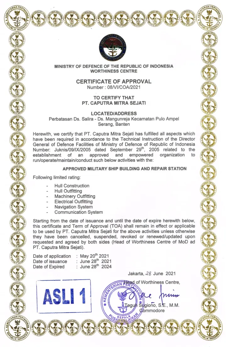 Kemenhan Certificate of Approval — Certificate of Approval